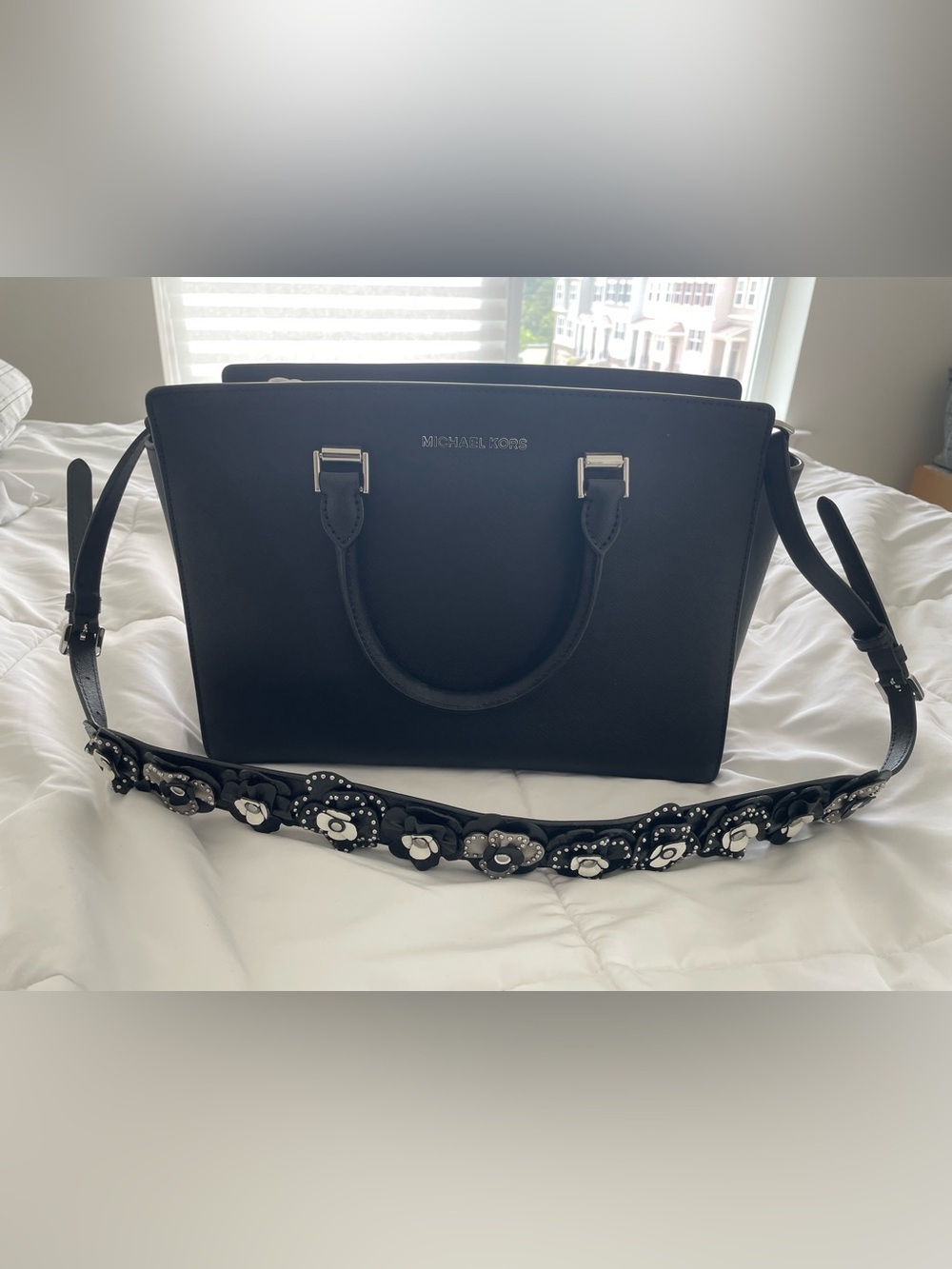 Michael Kors Black Saffiano Leather Tote with Floral Embellished Strap